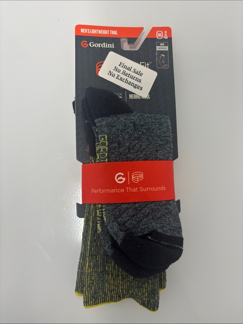 Gordini Men's 2 pair pack lightweight crew sock spruce size Medium NWT